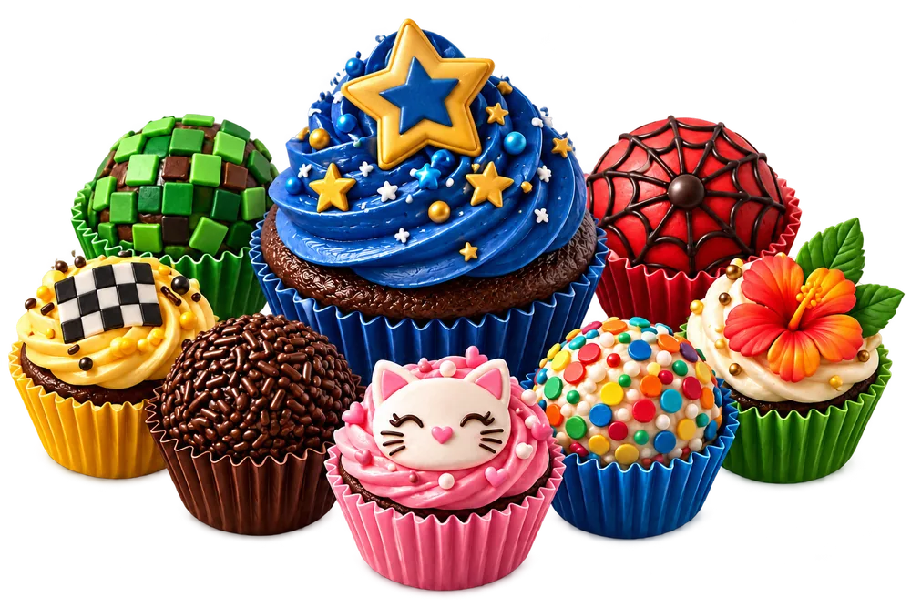 Colección colorida de cupcakes y brigadeiros temáticos