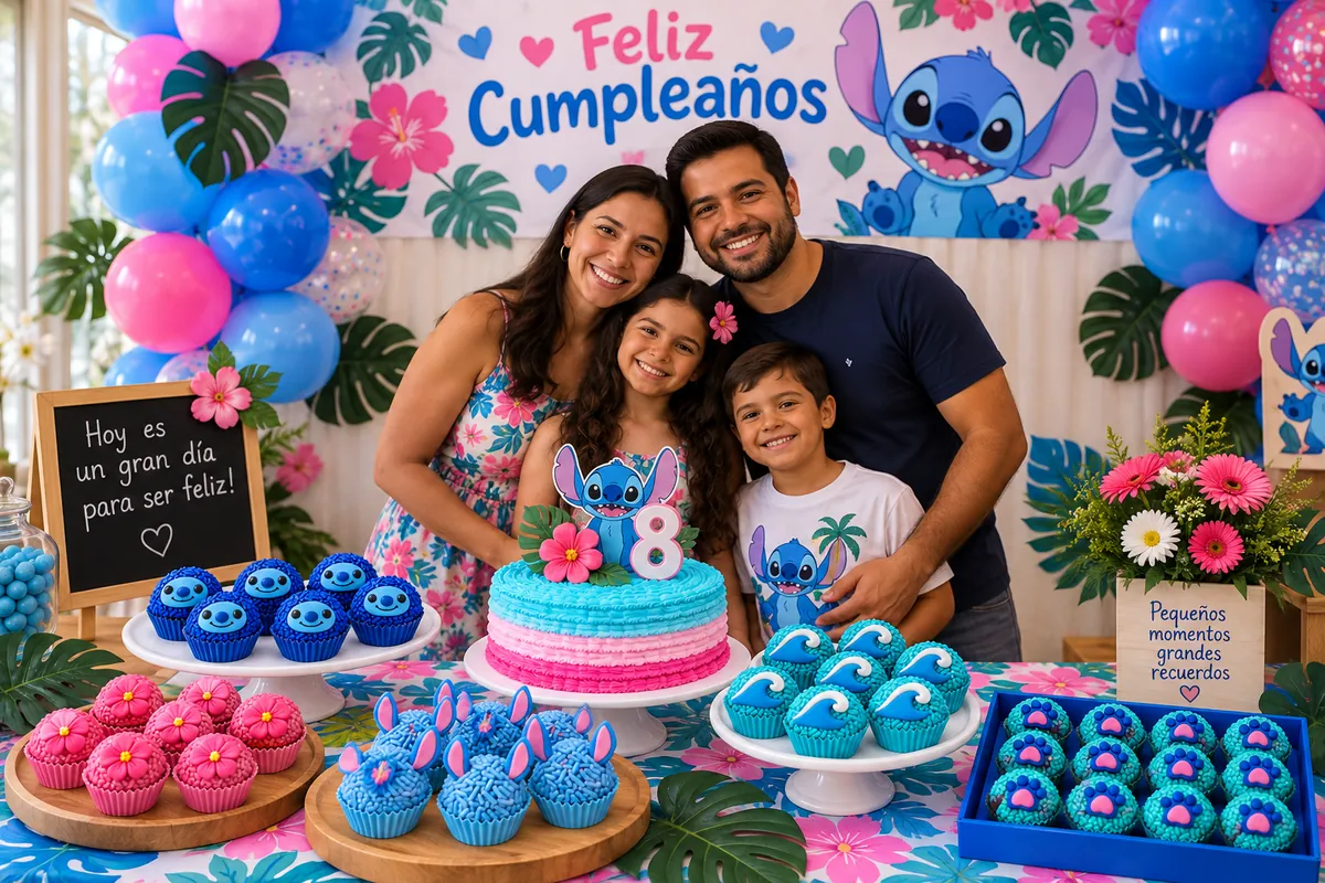 Familia reunida en una fiesta infantil temática de Stitch