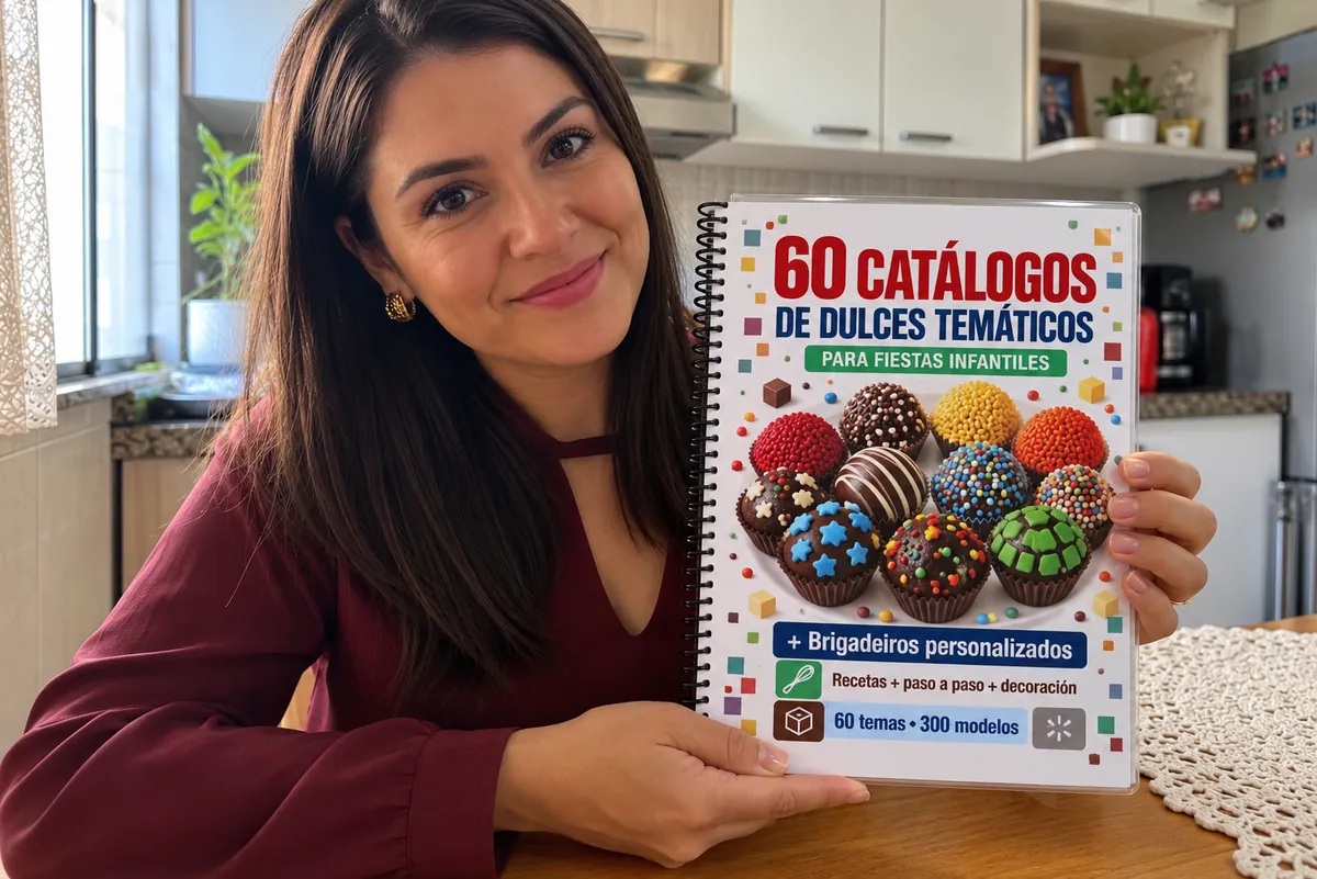 Mujer mostrando los 60 catálogos de dulces temáticos